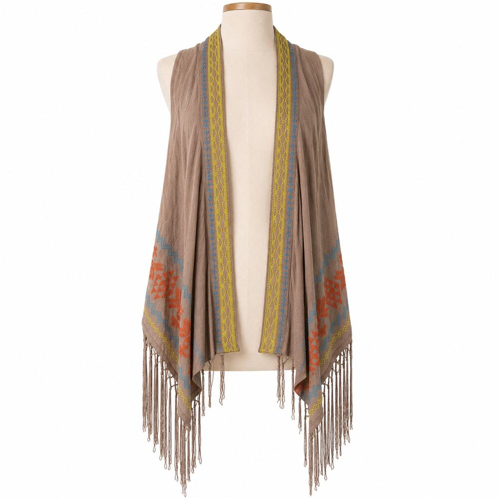 Umgee Embroidered Fringe Open Front Boho Vest Taupe Women’s Medium